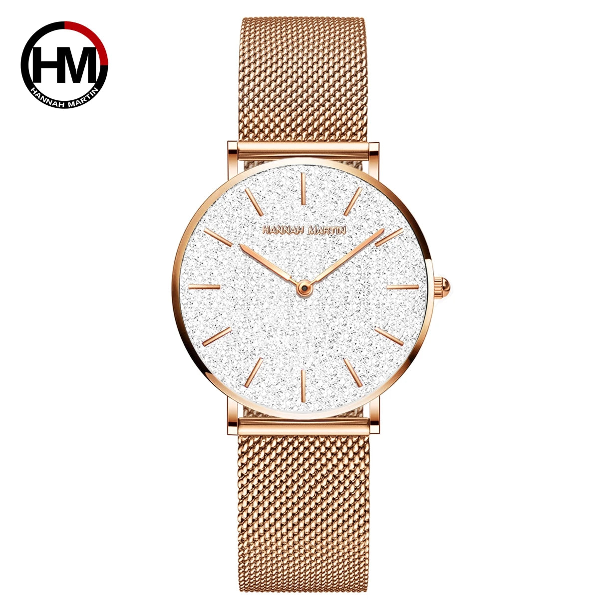 Montre pour femme HANNAH MARTIN en acier inoxydable de qualité, mouvement à quartz japonais, étanche, 36 mm, entièrement or rose, idéale pour le dropshipping.