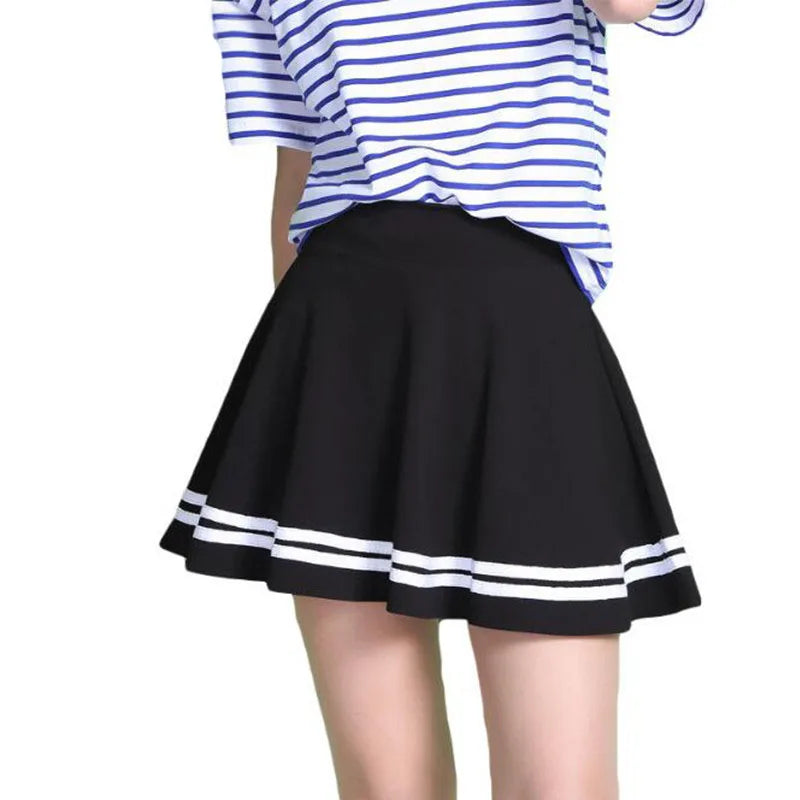 Jupe femme style été 2026 jupe de couleur unie sexy taille haute midi plissée jupes à rayures noires style école coréen mini trapèze jupe