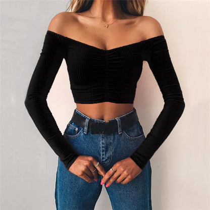 T-shirts pour femmes sexy et mode club, T-shirt femme à manches longues épaules dénudées couleur unie, T-shirt basique d’automne pour femme
