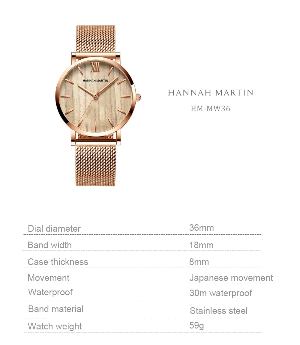 Montre pour femme HANNAH MARTIN en acier inoxydable de qualité, mouvement à quartz japonais, étanche, 36 mm, entièrement or rose, idéale pour le dropshipping.