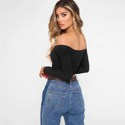 T-shirts pour femmes sexy et mode club, T-shirt femme à manches longues épaules dénudées couleur unie, T-shirt basique d’automne pour femme