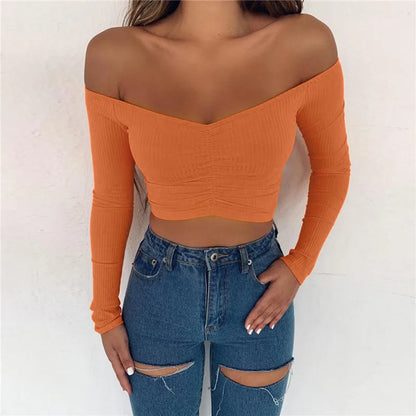 T-shirts pour femmes sexy et mode club, T-shirt femme à manches longues épaules dénudées couleur unie, T-shirt basique d’automne pour femme