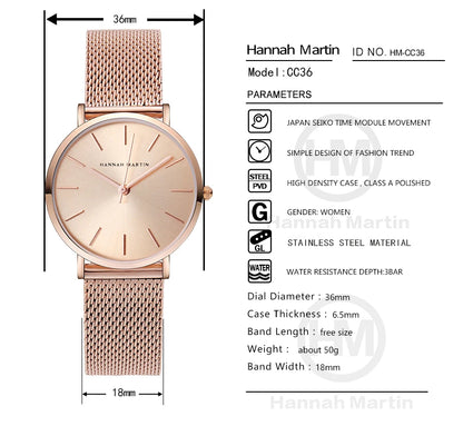 Montre pour femme HANNAH MARTIN en acier inoxydable de qualité, mouvement à quartz japonais, étanche, 36 mm, entièrement or rose, idéale pour le dropshipping.