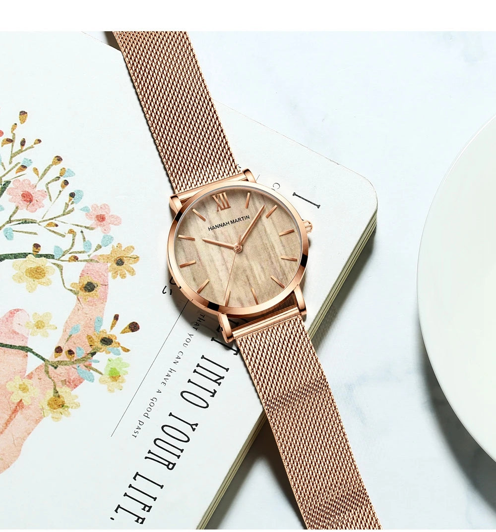 Montre pour femme HANNAH MARTIN en acier inoxydable de qualité, mouvement à quartz japonais, étanche, 36 mm, entièrement or rose, idéale pour le dropshipping.