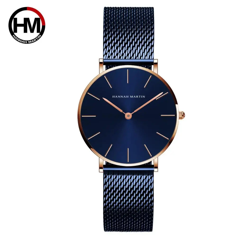 Montre pour femme HANNAH MARTIN en acier inoxydable de qualité, mouvement à quartz japonais, étanche, 36 mm, entièrement or rose, idéale pour le dropshipping.
