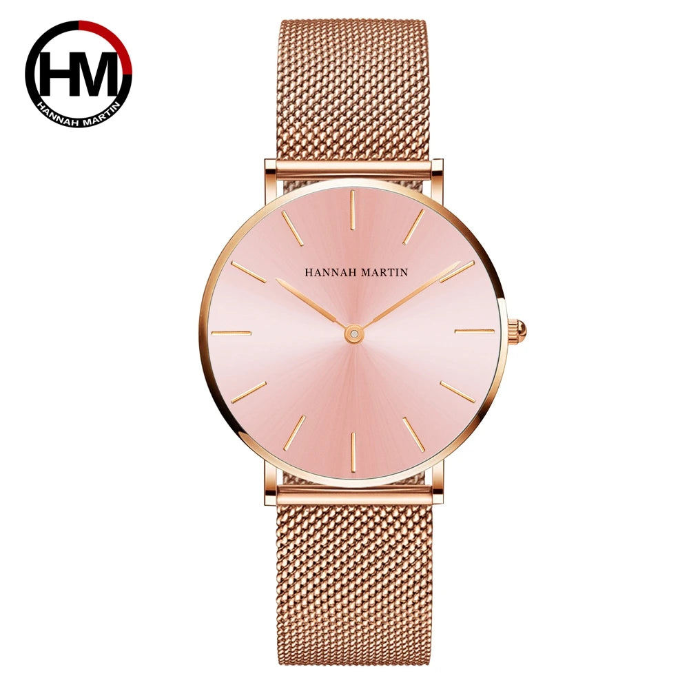 Montre pour femme HANNAH MARTIN en acier inoxydable de qualité, mouvement à quartz japonais, étanche, 36 mm, entièrement or rose, idéale pour le dropshipping.