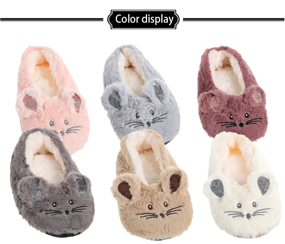 Pantoufles d’intérieur floues pour femmes, hiver, fourrure chaude en peluche, antidérapantes avec adhérence, chaussures d’intérieur moelleuses et confortables pour femmes paresseuses, oreilles de souris, chaussures de