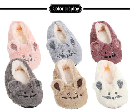Pantoufles d’intérieur floues pour femmes, hiver, fourrure chaude en peluche, antidérapantes avec adhérence, chaussures d’intérieur moelleuses et confortables pour femmes paresseuses, oreilles de souris, chaussures de
