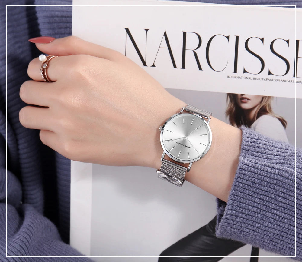 Montre pour femme HANNAH MARTIN en acier inoxydable de qualité, mouvement à quartz japonais, étanche, 36 mm, entièrement or rose, idéale pour le dropshipping.