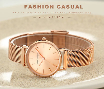 Montre pour femme HANNAH MARTIN en acier inoxydable de qualité, mouvement à quartz japonais, étanche, 36 mm, entièrement or rose, idéale pour le dropshipping.