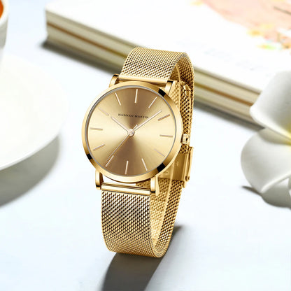 Montre pour femme HANNAH MARTIN en acier inoxydable de qualité, mouvement à quartz japonais, étanche, 36 mm, entièrement or rose, idéale pour le dropshipping.