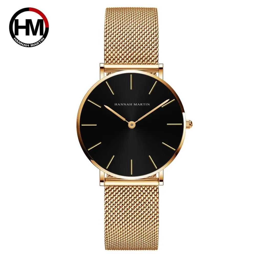 Montre pour femme HANNAH MARTIN en acier inoxydable de qualité, mouvement à quartz japonais, étanche, 36 mm, entièrement or rose, idéale pour le dropshipping.