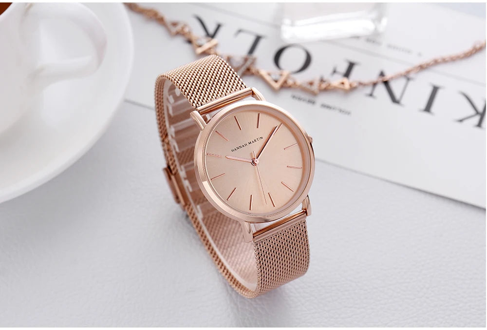 Montre pour femme HANNAH MARTIN en acier inoxydable de qualité, mouvement à quartz japonais, étanche, 36 mm, entièrement or rose, idéale pour le dropshipping.