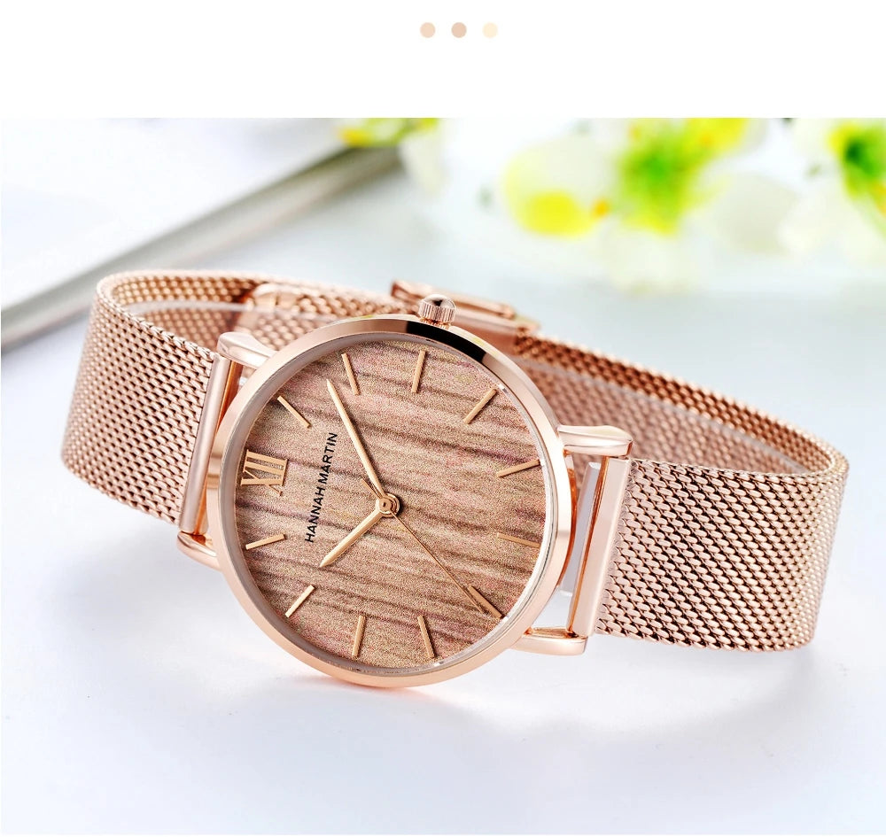 Montre pour femme HANNAH MARTIN en acier inoxydable de qualité, mouvement à quartz japonais, étanche, 36 mm, entièrement or rose, idéale pour le dropshipping.