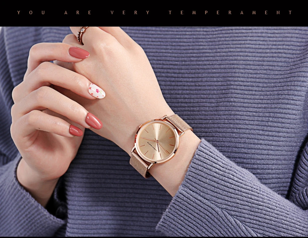 Montre pour femme HANNAH MARTIN en acier inoxydable de qualité, mouvement à quartz japonais, étanche, 36 mm, entièrement or rose, idéale pour le dropshipping.