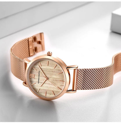 Montre pour femme HANNAH MARTIN en acier inoxydable de qualité, mouvement à quartz japonais, étanche, 36 mm, entièrement or rose, idéale pour le dropshipping.