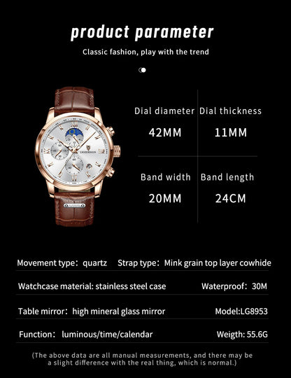 Montre-bracelet de luxe pour femme LIGE, bracelet en cuir, étanche, décontractée et sportive, à quartz, avec affichage 24 heures et phase de lune.