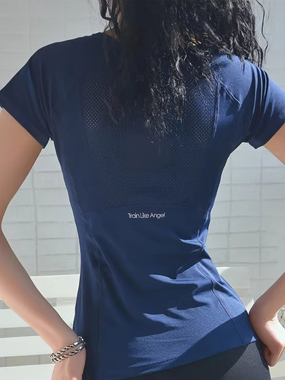 T-shirt de sport pour femmes, été, respirant, dos sexy, tenue de fitness, séchage rapide, haut à manches courtes pour la course, l’entraînement et le yoga