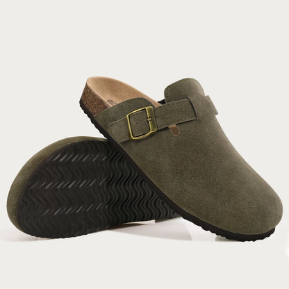 Mules en daim pour femmes Comwarm Fashion, pantoufles, sabots pour hommes, sandales à semelle intérieure en liège avec soutien de la voûte plantaire, claquettes d’extérieur pour la plage, chaussures d’intérieur