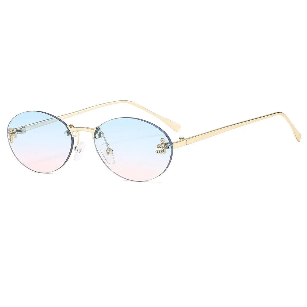 Lunettes de soleil de créateur de marque de luxe sans monture pour femmes, ovales rétro de petite taille, monture métallique, lunettes de soleil pour extérieur, style décontracté vacances, UV400 #300371