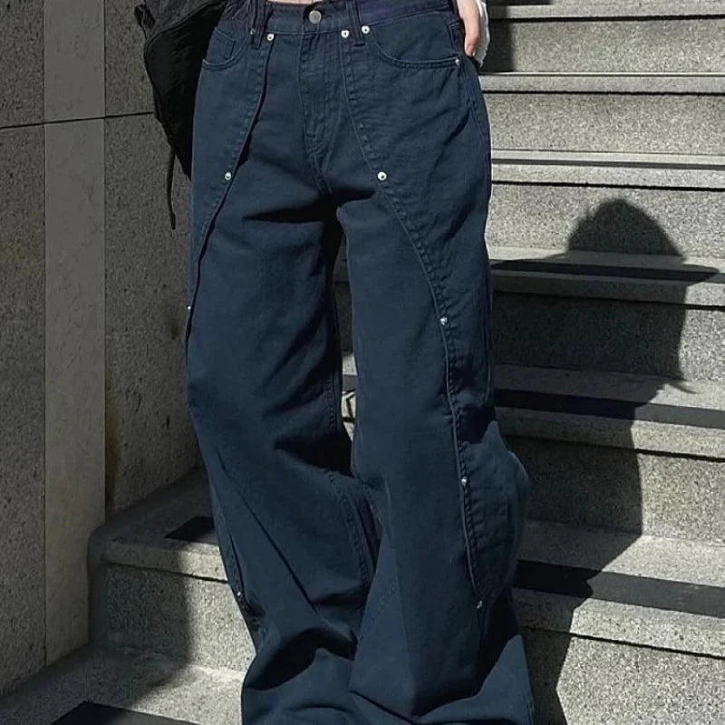 Jeans pour femme vêtements Y2K pantalon ample coupe décontractée à jambe large style rétro américain vintage avec design patchwork à rivets et fente