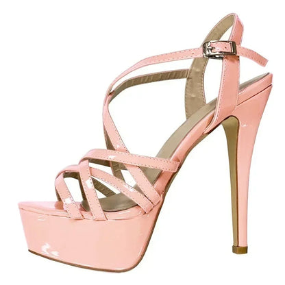 Sandales à plateforme pour femmes sexy 14 cm, défilés de mode, bout ouvert, talons hauts, stilettos à motif serpent, bride à la cheville, chaussures de soirée style gladiateur
