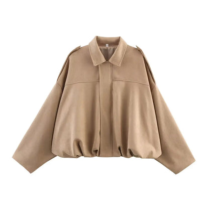 ETJ 2025 nouvelle veste bomber femme de printemps à effet suédine, coupe ample, col à revers, style mode, épaules marquéess