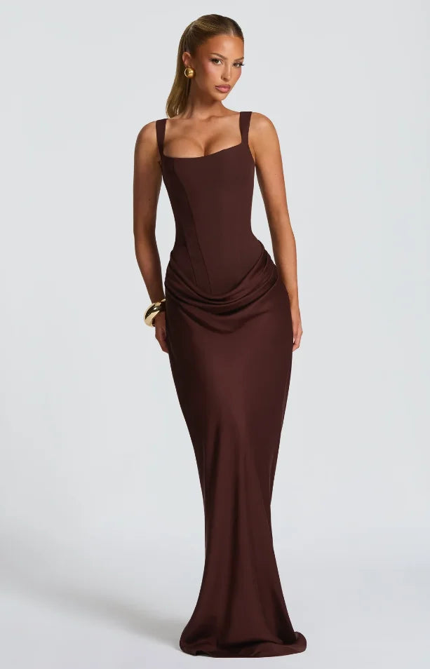 Robe à bretelles plissée unie pour femme col carré sans manches épaules dénudées cintrée à la taille effet amincissant robe de soirée et de fête pour femme 2025