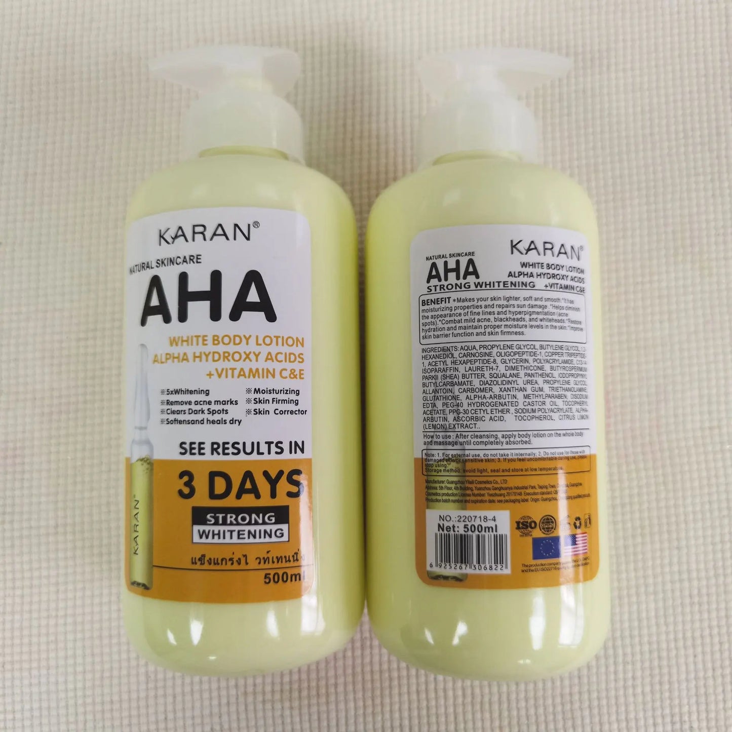 Crème corporelle blanchissante 500 ml aux acides hydroxy AHA, vitamines C&E, lotion corporelle hydratante éclaircissante, élimine les marques d’acné, soin de la peau