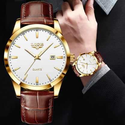 Montre Homme LIGE Nouvelle Montre de Luxe en Cuir Marron pour Homme, Montre Homme Mode Business, Montre Sport d’Extérieur Étanche à Quartz pour Homme