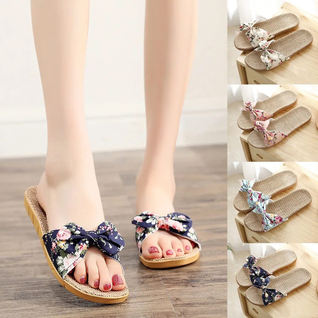 Chaussures pour femme Sandales Mujer Femmes Féminines Nœud décoratif Lin en toile Tongs Chaussures de plage Sandales Pantoufles Chaussures Femme
