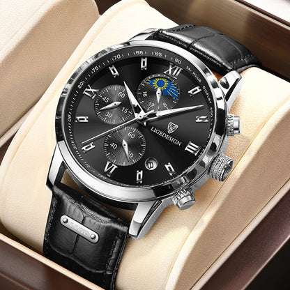 Montre-bracelet de luxe pour femme LIGE, bracelet en cuir, étanche, décontractée et sportive, à quartz, avec affichage 24 heures et phase de lune.