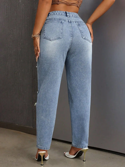 Mode européenne et américaine, jeans délavés et déchirés polyvalents et décontractés, nouveaux pantalons femme printemps-été à jambes étroites. Jeans 9 pouces