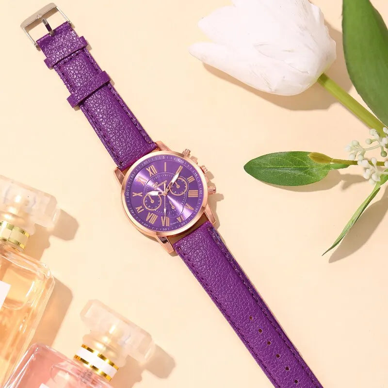 Montre Femme Fashion Montres pour Femmes Bracelet en Cuir Violet Quartz Montre-Bracelet pour Femmes Montre Décontractée et Professionnelle Relogio Feminino