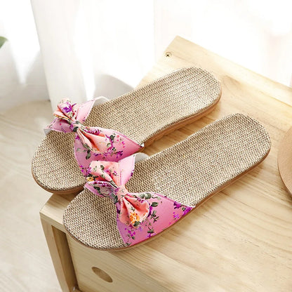 Chaussures pour femme Sandales Mujer Femmes Féminines Nœud décoratif Lin en toile Tongs Chaussures de plage Sandales Pantoufles Chaussures Femme