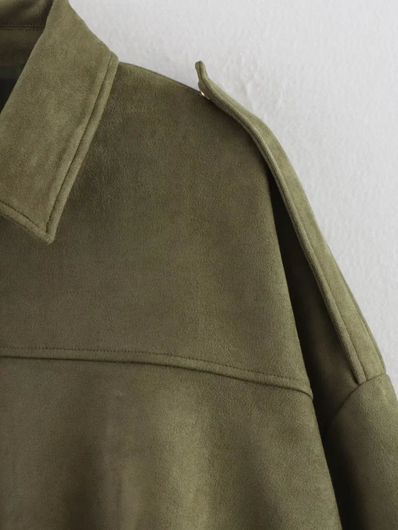 ETJ 2025 nouvelle veste bomber femme de printemps à effet suédine, coupe ample, col à revers, style mode, épaules marquéess
