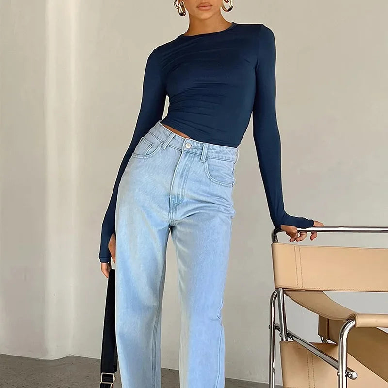 T-shirt femme mode à manches longues, col rond, uni, coupe slim, crop top pour femmes avec trous pour les pouces, pour le quotidien, streetwear d’été, camisoles