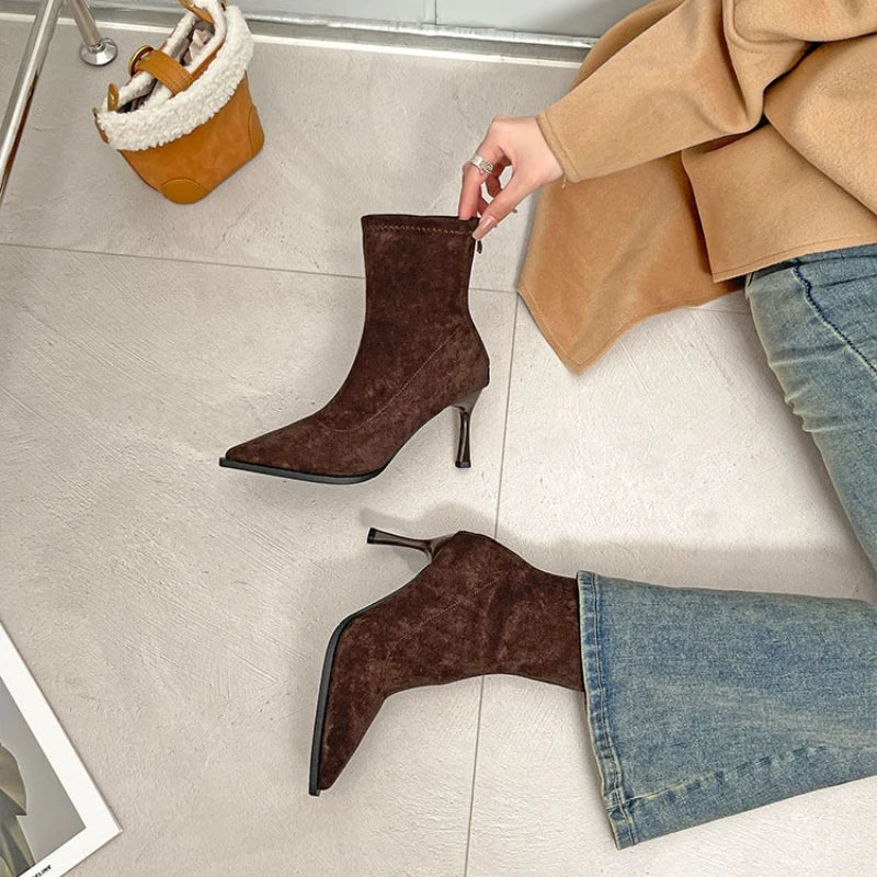 Bottines à talons hauts pour femmes à bout pointu, chaussures élégantes et tendance pour danse et soirées, bottines courtes slim extensibles pour femmes, automne-hiver