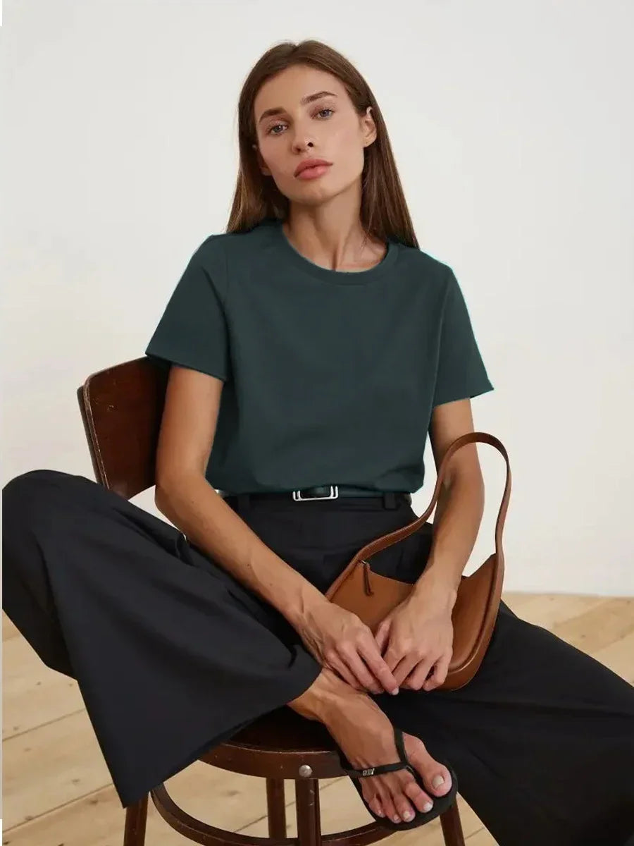 Bornladies Summer T-shirt femme 100 % coton, basique, tendance, uni, manches courtes, haut à superposer ample, 230 g/m², hauts et chemises