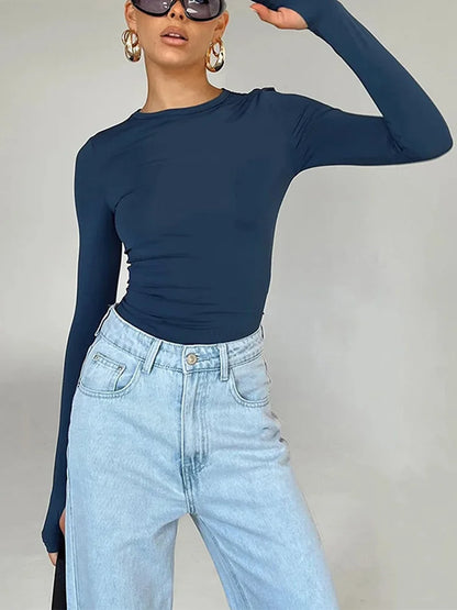 T-shirt femme mode à manches longues, col rond, uni, coupe slim, crop top pour femmes avec trous pour les pouces, pour le quotidien, streetwear d’été, camisoles