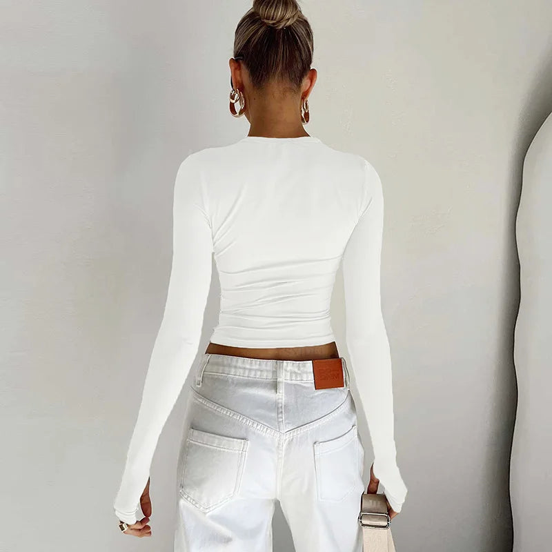 T-shirt femme mode à manches longues, col rond, uni, coupe slim, crop top pour femmes avec trous pour les pouces, pour le quotidien, streetwear d’été, camisoles