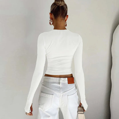 T-shirt femme mode à manches longues, col rond, uni, coupe slim, crop top pour femmes avec trous pour les pouces, pour le quotidien, streetwear d’été, camisoles