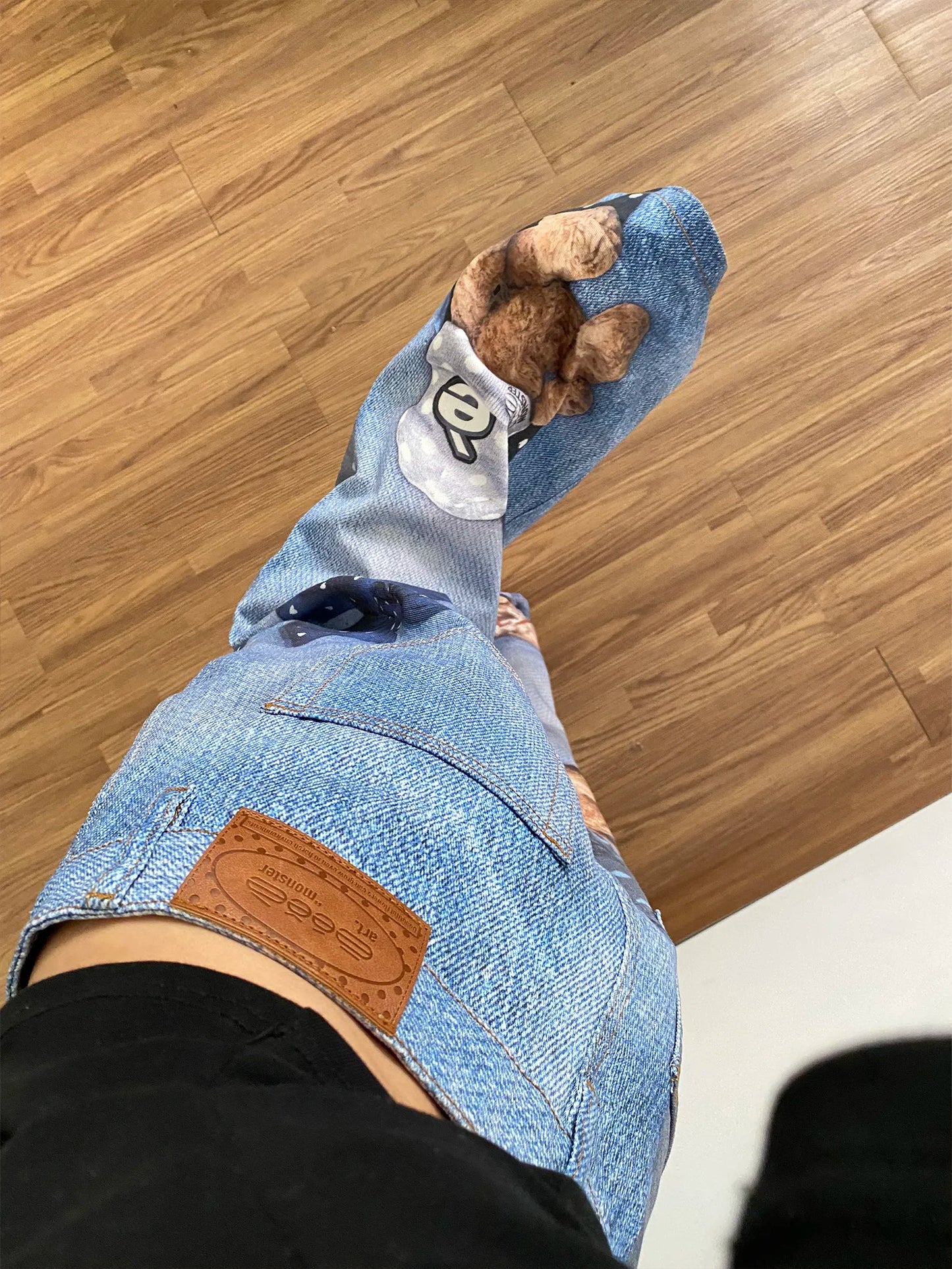 Jean large bleu Y2K pour femme à imprimé ours et graffiti, pantalon en jean vintage Harajuku baggy grunge, vêtements alternatifs