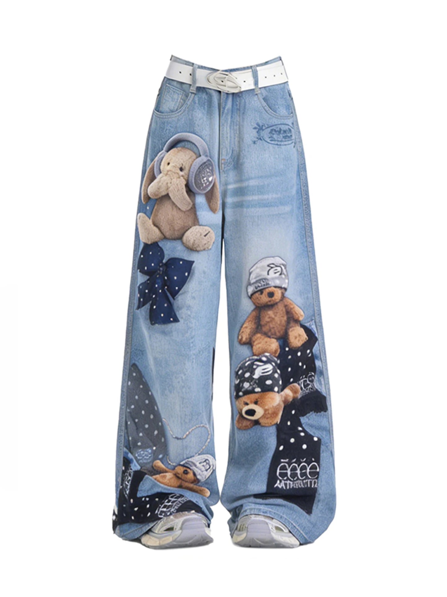 Jean large bleu Y2K pour femme à imprimé ours et graffiti, pantalon en jean vintage Harajuku baggy grunge, vêtements alternatifs