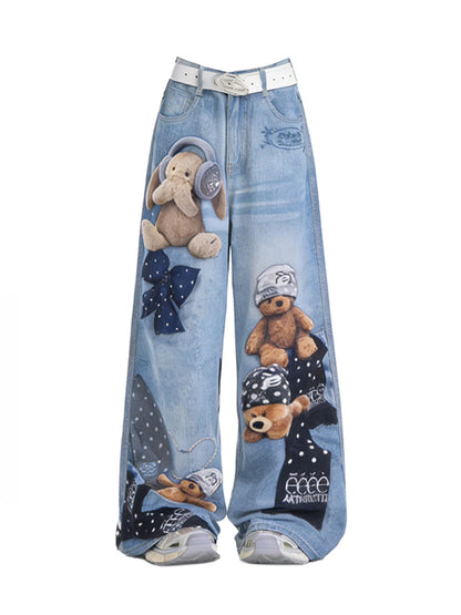 Jean large bleu Y2K pour femme à imprimé ours et graffiti, pantalon en jean vintage Harajuku baggy grunge, vêtements alternatifs
