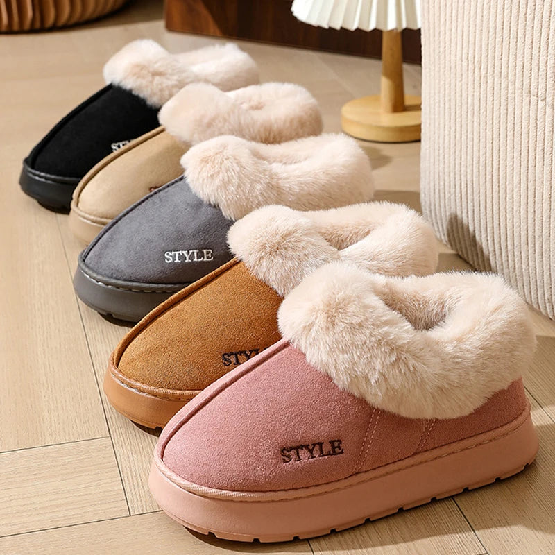 Pantoufles moelleuses pour femmes et hommes, chaussures d’intérieur d’hiver doublées en peluche, semelle épaisse antidérapante, bottes de neige chaudes, chaussures en coton duveteuses pour la maison