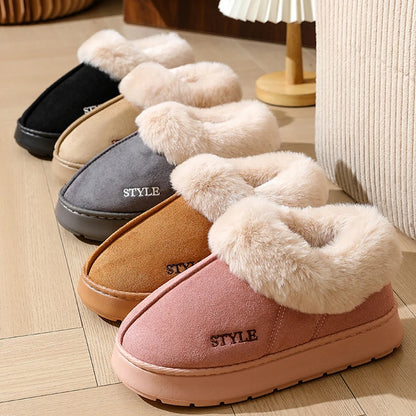 Pantoufles moelleuses pour femmes et hommes, chaussures d’intérieur d’hiver doublées en peluche, semelle épaisse antidérapante, bottes de neige chaudes, chaussures en coton duveteuses pour la maison
