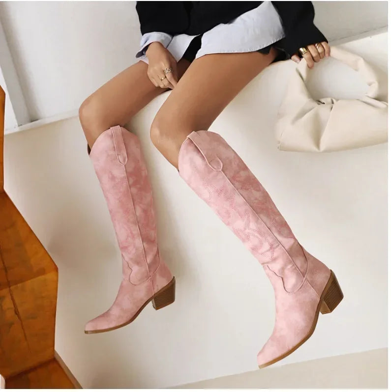 Bottes de chevalier à bout pointu pour femmes en cuir PU marron, bottes hautes jusqu’au genou pour femme, style western cowboy automne-hiver, longues bottes mujer 2024