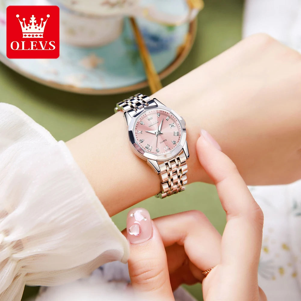 Montres pour femmes OLEVS élégantes et luxueuses avec bracelet en acier inoxydable, montre-bracelet à quartz originale pour homme, étanche, lumineuse, avec date, tendance habillée