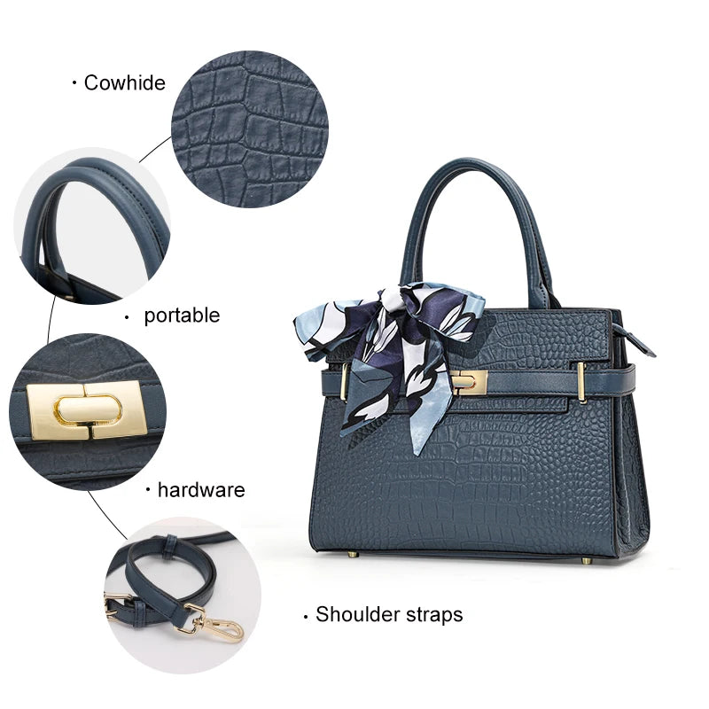 Sac à main pour femme en cuir véritable de vachette, convertible en port bandoulière et épaule, avec foulard en soie, sac fourre-tout à motif crocodile